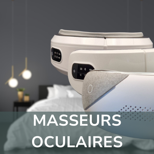 Masseur Oculaire Sleepmaster, Ocucare et Serenity avec une chambre en fond.