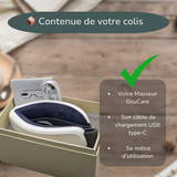 Le contenue de votre colis, le masseur oculaire dans son packaging avec son câble de chargement usb type-c et sa notice d'utilisation.