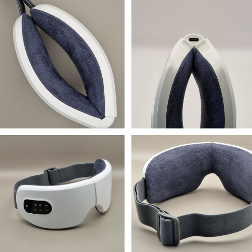 Vue en quatre angles du masseur oculaire Ocucare, mettant en avant son design ergonomique, ses fonctionnalités et ses matériaux de qualité pour un soin des yeux optimal.