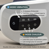 L'écran d'affichage en gros plan avec des flèches indiquant le pictogramme du mode vibration ainsi que d'autres indiquant celui du mode chaleur. Détail des modes : 2 intensités et led bleu pour indiquer le mode en fonctionnement pour le mode vibration. 3 intensités, led bleu pour la première intensité, leb orange pour la seconde et led rouge pour la troisième pour le mode chaleur.