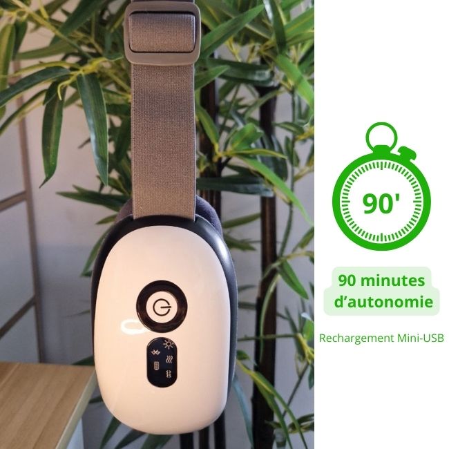 Le masseur oculaire ULTIMATE avec autonomie de 90 minutes et recharge pratique via mini USB, idéal pour un usage prolongé et sans interruption.
