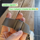 Vue arrière du masseur oculaire ULTIMATE mettant en avant sa sangle de réglage, offrant un confort sur mesure et s’adaptant à toutes les tailles de tête.
